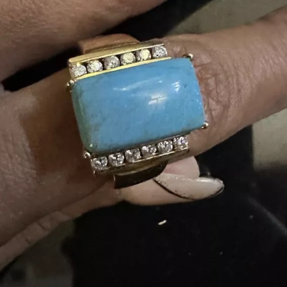 Gold Plated Turquoise 925 Ring With Zirconia Stones Encrusted Size 10